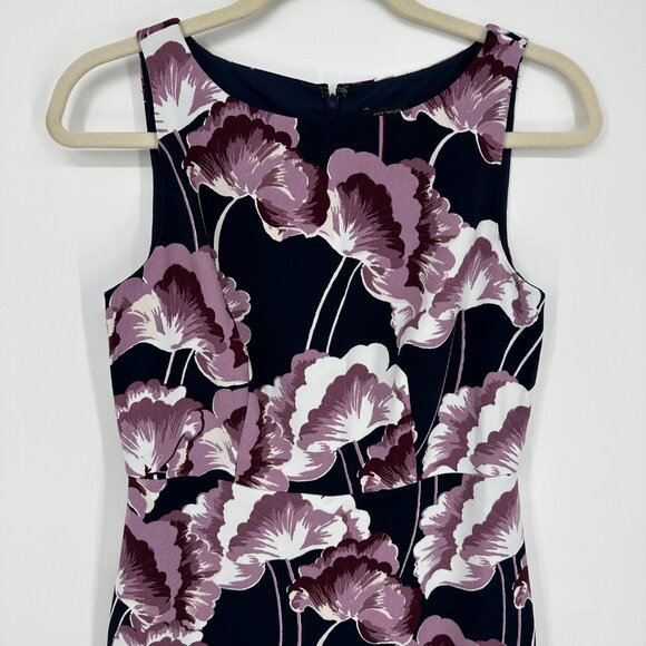 3/$25 Ann Taylor Floral Print‎ Mini Sheath Dress 2 Sleeveless Navy Blue Purple - Picture 3 of 10